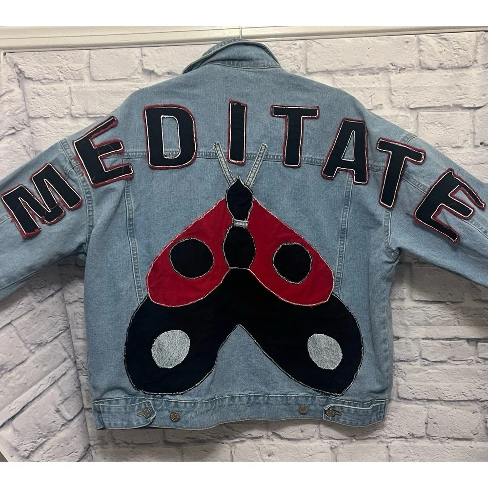 Boohoo Man Embroidered Meditate Varsity Light Wash Denim Jacket Size M
